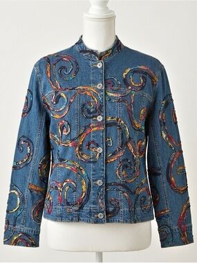 Vintage Chico's Denim Jacket Wearable Art Colorful Swirl Applique Size Medium